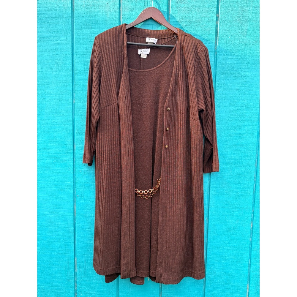 K Woman Brown Metallic Ribbed Cardigan and Chain Detail Dress 2 Piece Set 18W